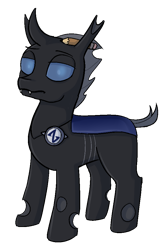 Size: 636x978 | Tagged: safe, artist:heretichesh, oc, oc only, oc:artbug, changeling, 2021 community collab, derpibooru community collaboration, badge, lidded eyes, male, pencil, pencil behind ear, simple background, solo, stallion, transparent background
