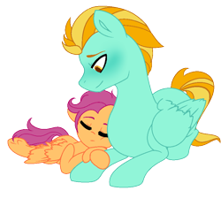 Size: 808x752 | Tagged: safe, artist:fcrestnymph, lightning dust, scootaloo, pony, g4, blushing, female, lesbian, lying down, prone, scootadust, shipping, simple background, sleeping, transparent background