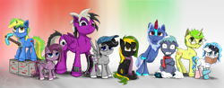 Size: 6000x2341 | Tagged: safe, artist:chopsticks, oc, oc only, oc:arctic mist, oc:brisk bronco, oc:chopsticks, oc:cookie cutter, oc:faded page, oc:sassy lost, oc:speed, oc:verglas frost, oc:vermont black, earth pony, kirin, pegasus, pony, unicorn, bipedal, bipedal leaning, book, cheek fluff, chest fluff, clothes, diverse body types, ear fluff, female, filly, floppy ears, fluffy, foal, glasses, heterochromia, kirin oc, leaning, looking at you, magic, male, mare, minecraft, minecraft block, pickaxe, scarf, shivering, shoulder fluff, simple background, snow, stallion, teenager, telekinesis, unshorn fetlocks, wing hands, wings