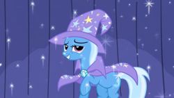 Size: 1920x1080 | Tagged: safe, screencap, trixie, pony, unicorn, boast busters, g4, alternative cutie mark placement, cape, clothes, female, hat, inner thigh cutie mark, mare, smiling, solo, sparkles, trixie's hat