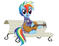 Size: 3841x2980 | Tagged: safe, alternate version, anonymous artist, derpibooru exclusive, rainbow dash, pegasus, pony, g4, .svg available, alternate timeline, amputee, apocalypse dash, artificial wings, augmented, background removed, bench, crystal war timeline, cute, dashabetes, eye scar, eyelashes, female, foal house, full house, guitar, high res, mare, musical instrument, open mouth, outdoors, prosthetic limb, prosthetic wing, prosthetics, scar, simple background, sitting, smiling, solo, svg, sweet dreams fuel, transparent background, tree, vector, wings