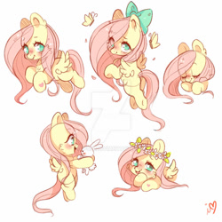 Size: 800x800 | Tagged: safe, artist:ipun, angel bunny, fluttershy, butterfly, pegasus, pony, rabbit, animal, blushing, bow, bust, cheek fluff, chest fluff, cute, cutie mark eyes, deviantart watermark, ear fluff, eyes closed, female, floral head wreath, flower, flying, hair bow, hair over one eye, heart, holding, looking at someone, looking at you, looking back, looking back at you, male, mare, no pupils, obtrusive watermark, open mouth, profile, shyabetes, smiling, spread wings, three quarter view, watermark, wingding eyes, wings