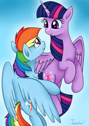 Size: 2480x3507 | Tagged: safe, artist:twidasher, rainbow dash, twilight sparkle, alicorn, pegasus, pony, g4, duo, female, flying, gradient background, high res, lesbian, looking at each other, ship:twidash, shipping, signature, twilight sparkle (alicorn)