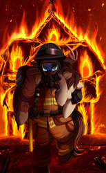 Size: 2559x4150 | Tagged: safe, artist:pridark, oc, oc only, pegasus, pony, badass, clothes, commission, duo, eyes closed, fire, firefighter, high res, holding a pony, house, rescue, uniform