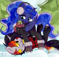 Size: 1080x1046 | Tagged: source needed, safe, artist:moon_emili, princess luna, oc, oc:moonshine, alicorn, pony, unicorn, g4, bedroom eyes, boots, bottom, clothes, coat, collar, couple, cute, date, earmuffs, flannel, flannel shirt, hearth's warming eve, horn, horseplay, imminent kissing, looking down, looking up, lying down, mistletoe, scarf, shipping, shoes, smiling, snow, standing over, stockings, thigh highs, top, tree, unicorn oc, wings, wings down