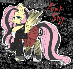 Size: 3188x3030 | Tagged: safe, artist:dreamy990, fluttershy, pegasus, pony, g4, alternate hairstyle, boots, chest fluff, clothes, collar, converse, ear fluff, eyeshadow, female, fingerless gloves, fishnet stockings, gloves, high res, jacket, leather jacket, makeup, mare, punk, raised hoof, raised leg, shirt, shoes, skirt, solo, stockings, t-shirt, thigh highs