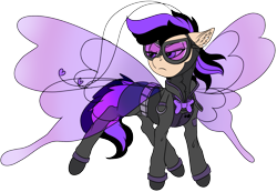 Size: 1731x1200 | Tagged: safe, artist:brainiac, oc, oc only, oc:shotglass, breezie, fallout equestria, bodysuit, bowtie, breezie oc, breezie spy suit, clothes, fallout equestria:all things unequal (pathfinder), goggles, pathfinder, simple background, solo, spy, spy suit, stealth suit, transparent background