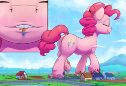 Size: 2500x1710 | Tagged: safe, artist:tsitra360, part of a set, pinkie pie, earth pony, human, pony, comic:pink box surprise, g4, balloonbutt, butt, cutie mark, destruction, eyes closed, frog (hoof), giant earth pony, giant pinkie pie, giant pony, growth, house, macro, mouth hold, plot, town, underhoof