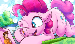 Size: 2000x1178 | Tagged: safe, artist:tsitra360, part of a set, pinkie pie, earth pony, human, pony, comic:pink box surprise, g4, building, clothes, commission, destruction, giant earth pony, giant pinkie pie, giant pony, growth, house, macro, one eye closed, open mouth, uncomfortable, underhoof