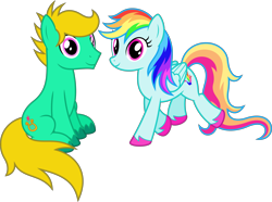 Size: 5385x4000 | Tagged: safe, artist:parclytaxel, artist:starponys87, oc, oc only, oc:david starlyre, oc:rainbowfire, earth pony, pegasus, pony, 2021 community collab, derpibooru community collaboration, .svg available, absurd resolution, female, looking at you, male, mare, not rainbow dash, simple background, sitting, smiling, stallion, transparent background, unshorn fetlocks, vector