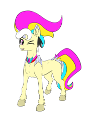 Size: 1169x1654 | Tagged: safe, artist:calena, oc, oc only, oc:trinity deblanc (new), crystal pony, original species, pony, unicorn, 2021 community collab, derpibooru community collaboration, blank flank, crystal, crystal horn, fringe, hooves, horn, jewelry, looking at you, male, multicolored hair, new design, one eye closed, original character do not steal, redesign, simple background, transparent background, wink, winking at you