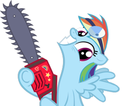 Size: 964x828 | Tagged: safe, anonymous editor, edit, vector edit, rainbow dash, pegasus, pony, cupcakes hd, g4, chainsaw, female, head mirror, looking at you, mare, psycho, psycho dash, role reversal, simple background, smiling, solo, the tables have turned, transparent background, vector, wings