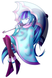 Size: 1932x2890 | Tagged: safe, artist:mywasasi, sonata dusk, equestria girls, g4, boots, cloak, clothes, disguise, disguised siren, ear piercing, earring, jewelry, piercing, sad, shoes, simple background, solo, tired, transparent background, umbrella