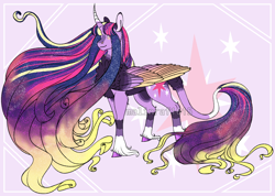 Size: 1136x807 | Tagged: safe, artist:malinraf1615, twilight sparkle, alicorn, pony, g4, the last problem, alternate hairstyle, chest fluff, colored wings, curved horn, cutie mark, ethereal mane, female, horn, leg fluff, leonine tail, long mane, mare, markings, multicolored hair, multicolored mane, multicolored wings, older, older twilight, older twilight sparkle (alicorn), princess twilight 2.0, rainbow power, rainbow power twilight sparkle, redesign, solo, starry mane, twilight sparkle (alicorn), unshorn fetlocks, wings