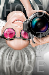 Size: 769x1181 | Tagged: safe, artist:chombeau, photo finish, human, g4, camera, female, grin, humanized, looking at you, realistic, signature, smiling, solo, sunglasses, text, upside down