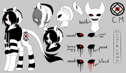 Size: 3201x1873 | Tagged: safe, artist:riariirii2, oc, oc only, oc:monochrome, demon, demon pony, original species, pony, bald, black sclera, black tears, blood, bust, clothes, crying, ear piercing, earring, hair over one eye, hat, jewelry, leonine tail, piercing, red eyes, reference sheet, socks, striped socks, tears of blood