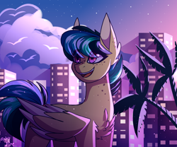 Size: 3000x2500 | Tagged: safe, artist:celes-969, oc, oc only, oc:apogee, pegasus, pony, chest fluff, city, cityscape, cloud, eye clipping through hair, female, high res, mare, older apogee, palm tree, signature, sky, smiling, solo, stars, tree