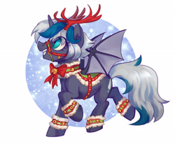 Size: 2565x2188 | Tagged: safe, artist:lunnitavaldez, oc, oc only, oc:elizabat stormfeather, alicorn, bat pony, bat pony alicorn, pony, alicorn oc, animal costume, anklet, antlers, bat pony oc, bat wings, bell, bell collar, bow, christmas, collar, commission, costume, cute, female, grin, high res, holiday, horn, mare, ocbetes, raised hoof, raised leg, reindeer antlers, reindeer costume, reins, ribbon, saddle, simple background, smiling, snow, solo, tack, white background, wings, wristband, ych result