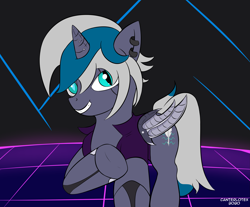 Size: 2903x2409 | Tagged: safe, artist:canterlotex, oc, oc only, oc:elizabat stormfeather, alicorn, bat pony, bat pony alicorn, cyborg, pony, alicorn oc, amputee, artificial wings, augmented, bat pony oc, bat wings, clothes, commission, cyberpunk, cyberpunk 2077, ear piercing, earring, female, grin, high res, horn, jacket, jewelry, leather jacket, mare, piercing, prosthetic limb, prosthetic wing, prosthetics, raised hoof, smiling, solo, wings, ych result