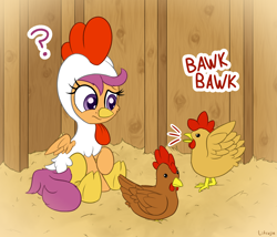 Size: 2100x1800 | Tagged: safe, artist:litrojia, scootaloo, bird, chicken, pegasus, pony, g4, animal costume, chicken suit, clothes, commission, confused, costume, cute, cutealoo, female, filly, hay, onomatopoeia, question mark, raised hoof, scootachicken, sitting