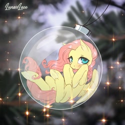 Size: 1000x1000 | Tagged: safe, artist:lunarlacepony, fluttershy, pegasus, pony, g4, bauble, blushing, christmas ball, christmas decoration, cute, female, hooves to the chest, looking at you, mare, new year, shyabetes, solo, three quarter view, trapped, underhoof, unshorn fetlocks, wings