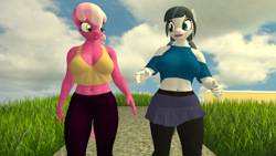 Size: 3840x2160 | Tagged: safe, artist:kevhon, cheerilee, coloratura, oc, oc:apollo, anthro, g4, 3d, apartment, belly button, breasts, busty cheerilee, busty coloratura, clothes, duo, duo female, eyeshadow, female, grass, high res, leggings, lipstick, looking at each other, makeup, midriff, pants, shirt, skirt, sky, source filmmaker, talking, tank top, walking