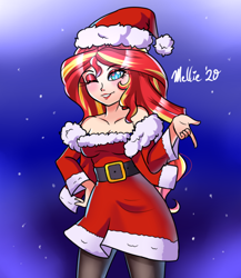 Size: 650x750 | Tagged: safe, artist:melliedraws, sunset shimmer, human, equestria girls, g4, breasts, christmas, clothes, commission, costume, eyeshadow, hat, heart eyes, holiday, humanized, lipstick, looking at you, makeup, one eye closed, santa costume, santa hat, signature, smiling, solo, wingding eyes, wink, winking at you