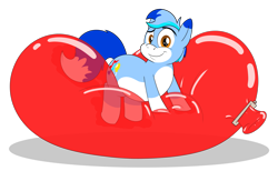Size: 2785x1812 | Tagged: safe, artist:rupert, oc, oc only, oc:rupert the blue fox, earth pony, fox, fox pony, hybrid, original species, pony, 2021 community collab, derpibooru community collaboration, balloon, balloon clip, balloon fetish, balloon riding, chubby, coat markings, cute, cutie mark, fetish, furry, furry oc, lying down, male, ocbetes, on top, pale belly, party balloon, ponified oc, pose, prone, red balloon, rupertbetes, simple background, smiling, socks (coat markings), solo, squishy, stallion, that pony sure does love balloons, three toned mane, transparent background, two toned tail