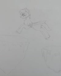 Size: 1080x1352 | Tagged: safe, artist:rxndxm.artist, oc, oc only, earth pony, pony, earth pony oc, floating island, jumping, lineart, monochrome, solo, sword, traditional art, weapon