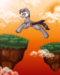 Size: 1080x1350 | Tagged: safe, alternate version, artist:rxndxm.artist, oc, oc only, earth pony, pony, colored, earth pony oc, floating island, jumping, solo, sword, weapon