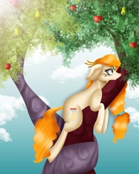 Size: 1080x1350 | Tagged: safe, alternate version, artist:rxndxm.artist, pear butter, earth pony, pony, g4, apple, apple tree, cloud, colored, food, intertwined trees, outdoors, pear tree, solo, tree