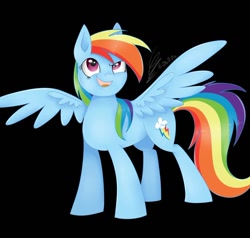 Size: 1080x1029 | Tagged: safe, artist:princessesmeraldaofficial, rainbow dash, pegasus, pony, g4, backwards cutie mark, black background, female, looking up, mare, signature, simple background, smiling, solo, spread wings, wings