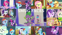 Size: 1994x1121 | Tagged: safe, edit, edited screencap, editor:quoterific, screencap, applejack, daring do, fluttershy, pinkie pie, rainbow dash, rarity, spike, starlight glimmer, twilight sparkle, vapor trail, wind rider, alicorn, pony, daring don't, every little thing she does, g4, it ain't easy being breezies, not asking for trouble, rarity investigates, stare master, stranger than fan fiction, the crystalling, the cutie map, the end in friend, the saddle row review, top bolt, viva las pegasus, cutie map, detective rarity, dreamworks face, equalized, faic, fluttershy's cottage (interior), hug, mane seven, mane six, our town, smug, smugdash, smuglight glimmer, smuglight sparkle, twilight sparkle (alicorn), twilight's castle, winghug