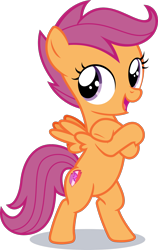 Size: 1000x1587 | Tagged: safe, artist:phucknuckl, scootaloo, pegasus, pony, flight to the finish, for whom the sweetie belle toils, g4, on your marks, bipedal, crossed hooves, cute, cutealoo, female, filly, open mouth, pose, simple background, smiling, solo, transparent background, vector