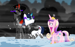 Size: 3268x2067 | Tagged: safe, artist:stellardusk, king sombra, princess cadance, shining armor, alicorn, pony, unicorn, g4, alternate cutie mark, alternate hairstyle, armor, bevor, blizzard, boots, cape, chestplate, clothes, colored horn, colored sclera, corrupted, corrupted shining armor, criniere, croupiere, crown, crying, cuirass, curved horn, dark, dark magic, evil grin, fauld, female, gay, gorget, greaves, grin, helmet, high res, horn, infidelity, infidelity armor, jewelry, magic, male, pauldron, peytral, plackart, possessed, possession, regalia, robe, saddle, shadow armor, ship:shiningsombra, shipping, shoes, show accurate, smiling, snow, snowfall, sombra eyes, sombra horn, sombra's cape, sombra's robe, tack, trio