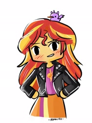 Size: 1542x2048 | Tagged: safe, alternate version, artist:ag_nonsuch, sunset shimmer, bird, equestria girls, g4, blushing, clothes, cutie mark, cutie mark on clothes, female, grin, hand on hip, jacket, simple background, smiling, solo, white background