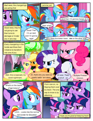 Size: 612x792 | Tagged: safe, edit, edited screencap, screencap, applejack, fluttershy, pinkie pie, rainbow dash, rarity, twilight sparkle, changeling, earth pony, pegasus, pony, unicorn, comic:friendship is dragons, a canterlot wedding, g4, comic, dialogue, disguise, disguised changeling, eyelashes, female, frown, hat, mane six, mare, multeity, open mouth, screencap comic, smiling, unicorn twilight