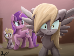 Size: 1600x1200 | Tagged: safe, artist:raphaeldavid, amethyst star, derpy hooves, dinky hooves, sparkler, pegasus, pony, unicorn, guardian (web video), g4, angry, beware the nice ones, epic derpy, female, filly, mama bear, mare, protecting, scene interpretation, spread wings, underp, wings