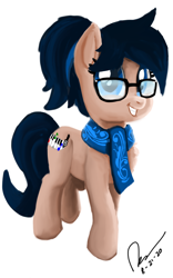Size: 1600x2560 | Tagged: safe, artist:raphaeldavid, oc, oc only, oc:crescend cinnamon, earth pony, pony, clothes, glasses, grin, ponytail, scarf, simple background, smiling, solo, white background