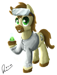 Size: 1536x2048 | Tagged: safe, artist:raphaeldavid, oc, oc only, oc:calpain, earth pony, pony, beaker, clothes, goggles, lab coat, smiling