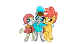 Size: 764x432 | Tagged: safe, artist:@cameron, derpibooru exclusive, desert flower, oc, oc:blue flare, oc:ciaran, earth pony, pegasus, pony, clothes, cute, earth pony oc, female, looking at you, male, pegasus oc, simple background, somnambula resident, trio, white background