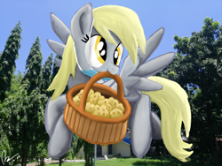 Size: 4608x3456 | Tagged: safe, artist:raphaeldavid, derpy hooves, pegasus, pony, g4, basket, cute, derpabetes, face mask, flying, food, irl, mask, mouth hold, muffin, photo, ponies in real life, smiling, solo, spread wings, wings