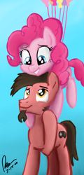 Size: 1080x2250 | Tagged: safe, artist:raphaeldavid, pinkie pie, oc, oc:ace play, earth pony, pony, g4, balloon, floating, ponies riding ponies, riding, smiling, then watch her balloons lift her up to the sky