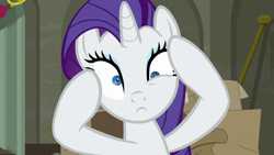 Size: 1920x1080 | Tagged: safe, screencap, rarity, pony, unicorn, g4, season 6, the saddle row review, female, looking at you, mare, scary, scary elite, solo, why