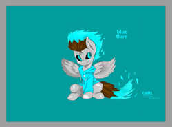 Size: 837x616 | Tagged: safe, artist:@cameron, artist:demisky, oc, oc:blue flare, pegasus, pony, base used, clothes, fiery mane, fiery tail, hoodie, looking around, normal background, sitting, solo, spread wings, wings