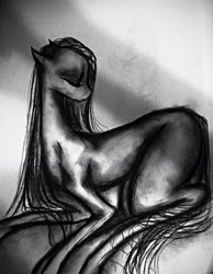 Size: 1280x1647 | Tagged: safe, artist:luted, earth pony, pony, blank flank, eyes closed, female, mare, monochrome, solo