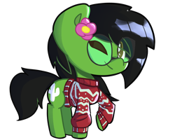 Size: 1000x800 | Tagged: safe, artist:ronin20181, oc, oc only, oc:prickly pears, pony, christmas sweater, clothes, flower, flower in hair, glasses, one eye closed, rule 63, simple background, solo, sweater, transparent background, wink