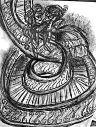 Size: 893x1175 | Tagged: safe, artist:luted, earth pony, pony, unicorn, clothes, dress, female, mare, monochrome, spiral staircase, stairs, traditional art