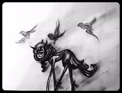 Size: 2409x1828 | Tagged: safe, artist:luted, bird, pony, unicorn, clothes, creepy, dress, female, mare, monochrome, solo