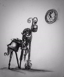 Size: 1936x2309 | Tagged: safe, artist:luted, pegasus, pony, clock, creepy, hospital gown, iv bag, monochrome, solo, traditional art